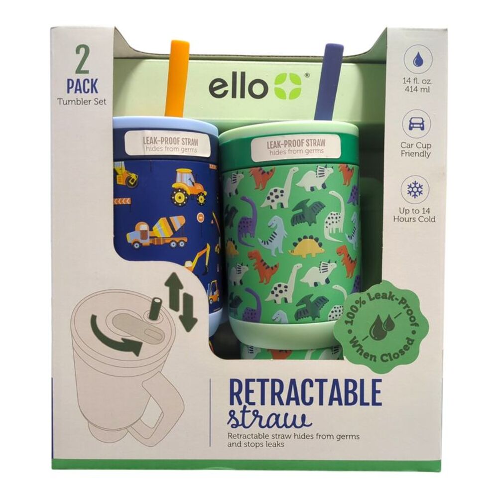 Construction/Dino - Ello Oasis 14oz Stainless Steel Kids Tumbler with Handle, 10